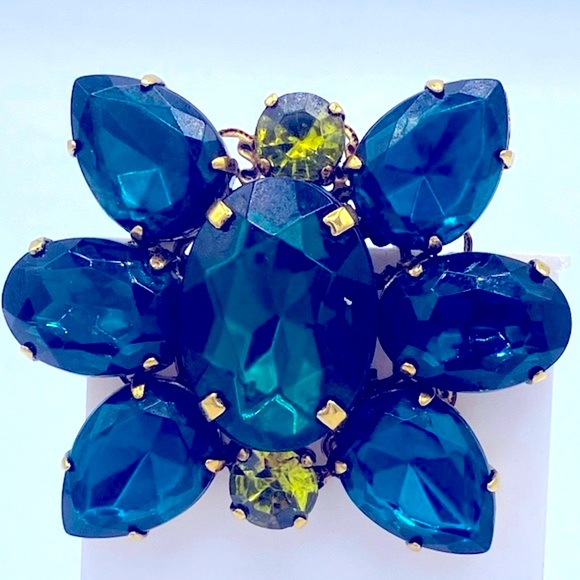 Vintage Erickson Beamon Gold Tone Teal Blue And Citrine Rhinestone Brooch Signed - Picture 10 of 10
